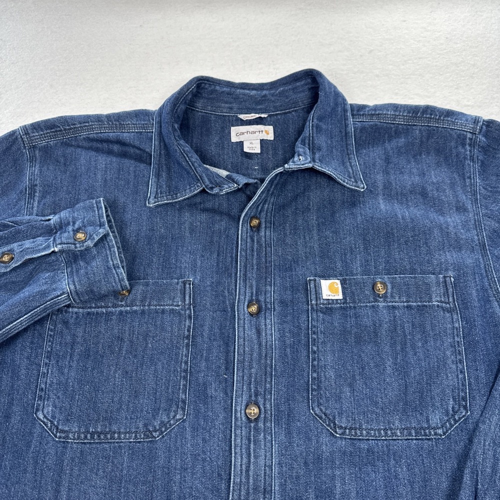 Carhartt Relaxed Fit Blue Denim ButtonUp Shirt Mens XL Jean Long Sleeve Pockets